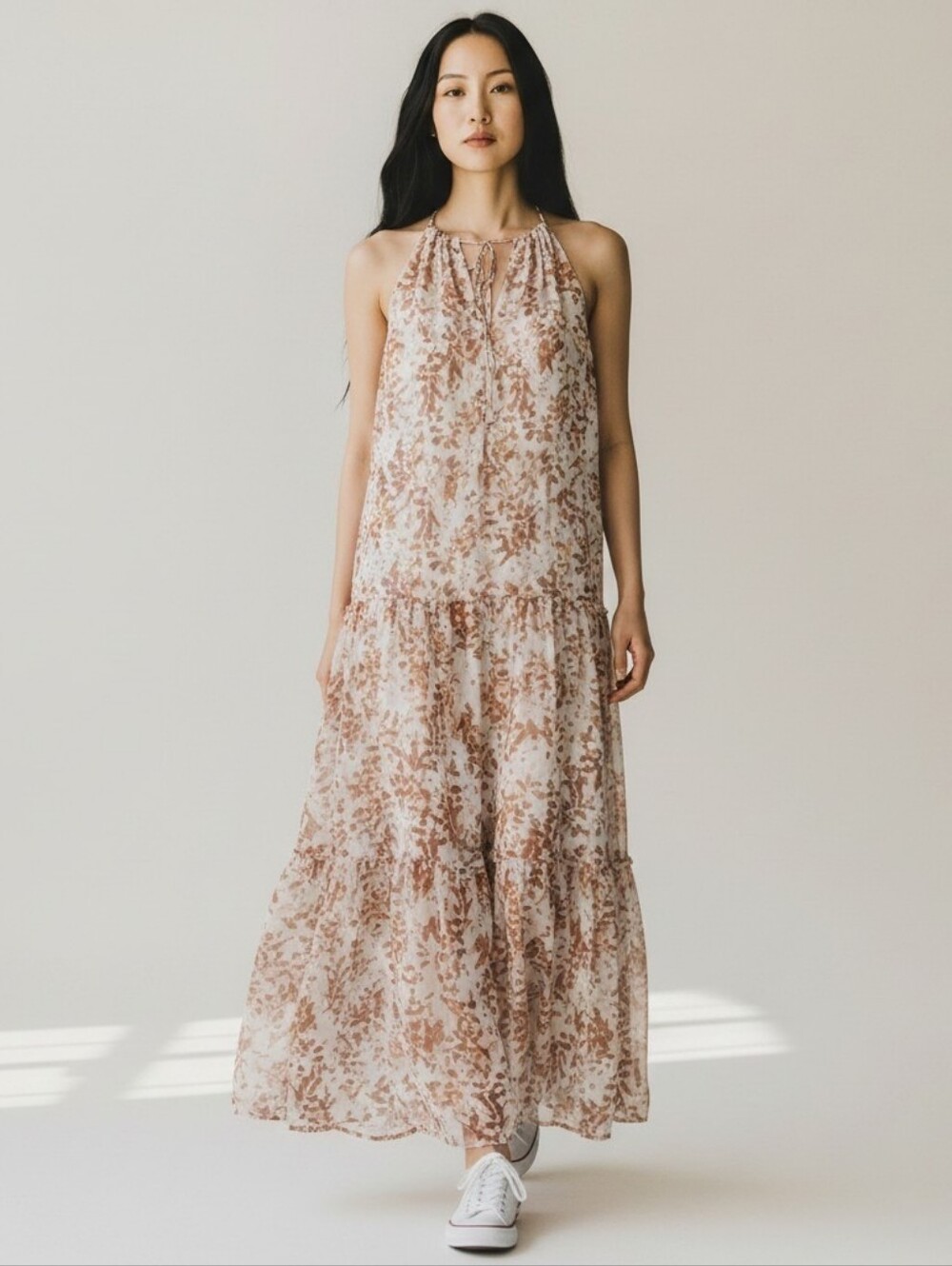 DREW | Floral Print Tiered Maxi Dress With High Neck | XS